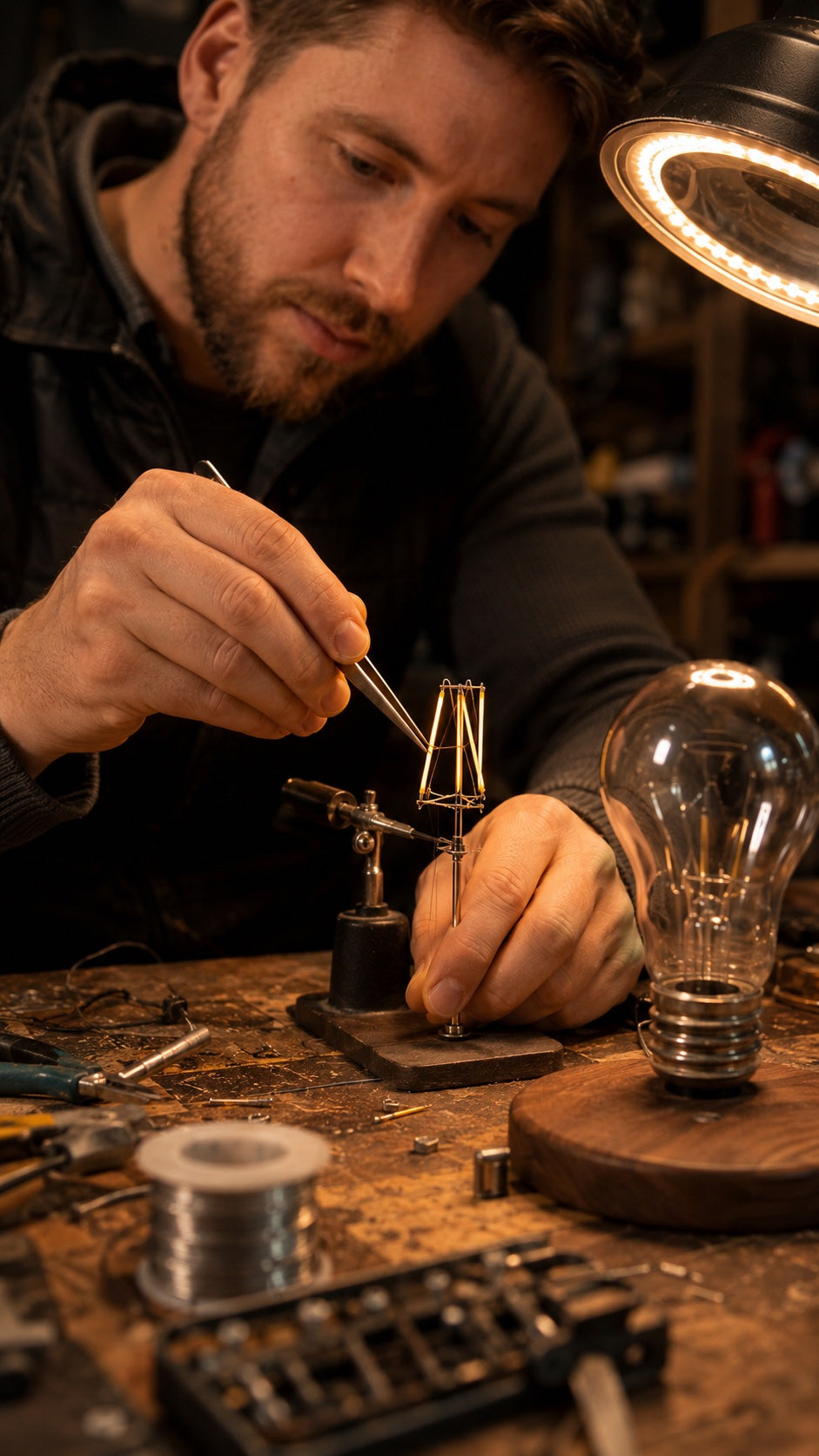 Jared assembling the glowing filament for the floating bulb lamp