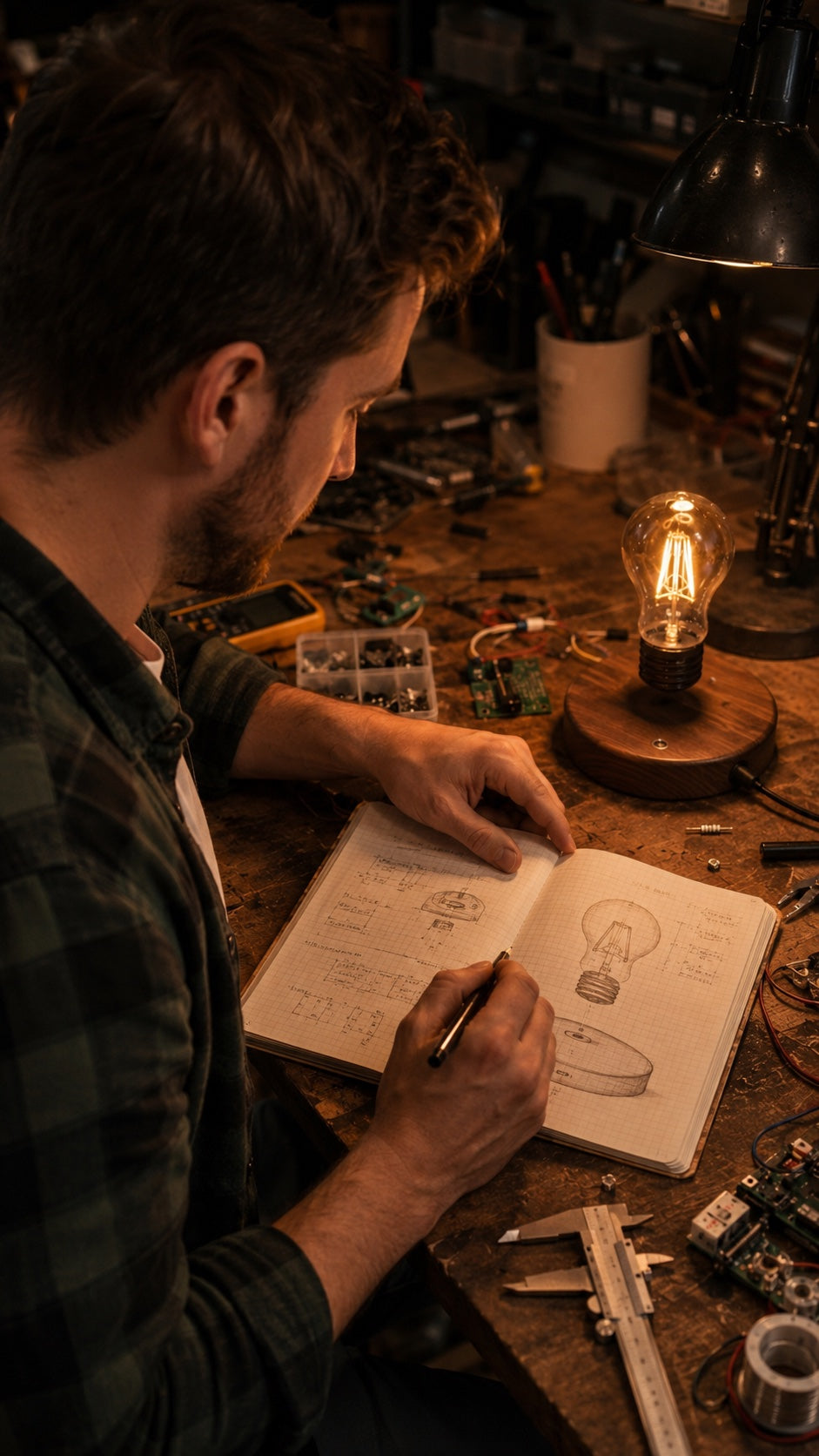 Jared sketching floating bulb lamp details at the workbench